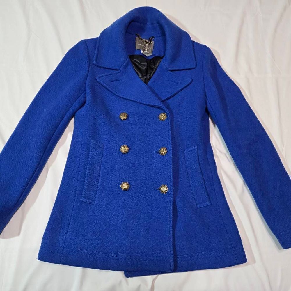 J. CREW STADIUM CLOTH NELLO GORI ROYAL BLUE WOOL PEA COAT JACKET WOMENS 0 XS